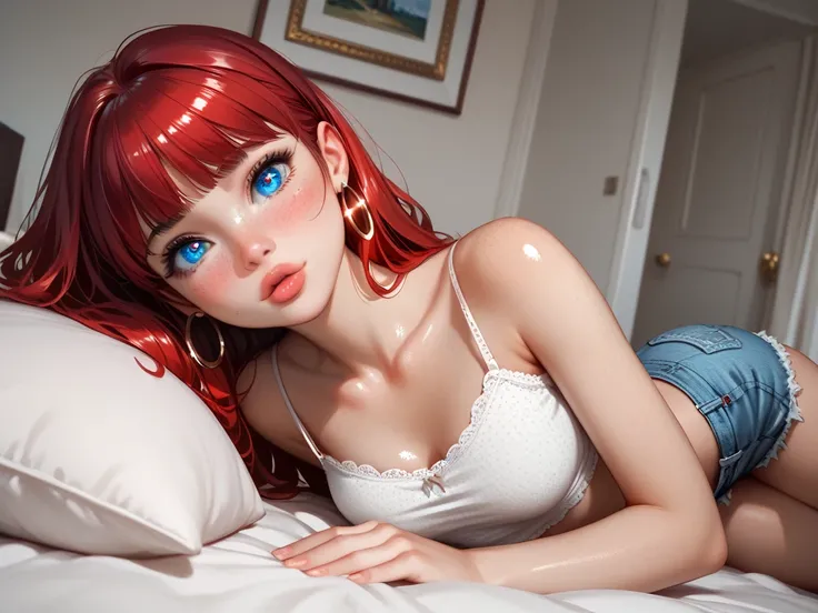 beautiful young girl, laying on bed, looking at viewer, detailed room, wearing tight spaghetti strap top, short daisy dukes, blue eyes, hoop earrings, skinny, slim waist, babyface, cute, sexy, gorgeous, doe eyes, platform heels, straight long red hair, blu...