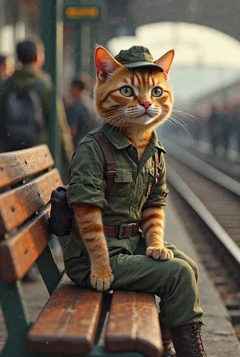 Generate a high quality 3D image:An orange cat wearing army costume and dark green pant and sitting on waiting chair in railway station 