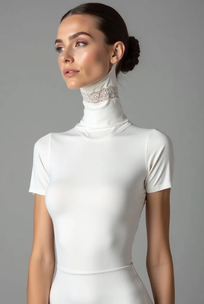 "A beautiful woman with an extremely long neck, wears a short-sleeved white turtleneck made of lycra. The garment is tall, tight and looks corrugated when worn, perfectly fitting her figure. The collar of the garment completely covers her long neck, giving...