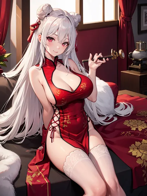 Gradient eyes, Seductive smile, Naughty face, torogao, White hair, curtained hair, Sony FE GM, first person perspective, Wide shot, hyper HD, Anatomically correct, Super detail, Textured skin, ccurate, High details, Best quality, 16k，Wearing a white tight ...