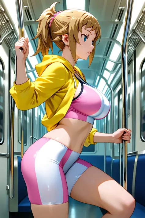 anime style. cel shaded. official style, hoshino fumina, gundam build fighters, very aesthetic, best quality, intricate, overall detail, 1 girl, slender, white and pink sports bra, crop top look, (bike shorts), torn clothes, yellow hoodie, blue eyes, 1 gir...