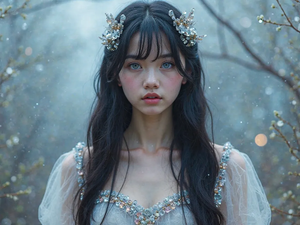 A 23 years old woman who has long black hair, with the crystals ornaments on her hair, has blue eyes and pale white skin. She is wearing a short pastel dress, She is standing in a crystals forest as a background. Make the wide point of view. Creating a mag...