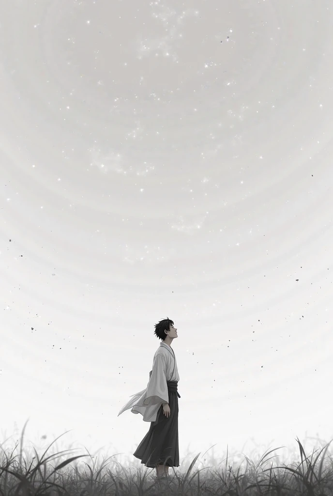 Make a image of a person looking towards sky in black and white environment with Japanese clothes in open field boy