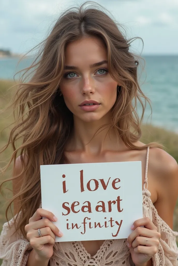 Beautiful girl with wavy long hair, bohemian dress, holding a white board with text "I Love Seaart Infinity" and showing it to the viewer