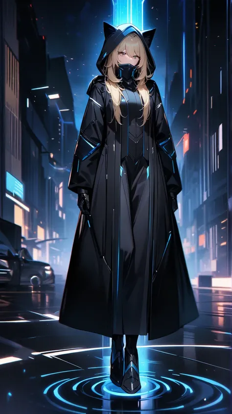 Cat Ears, Blonde, Tall, Neutral, Futuristic Sci-fi Look with Blue Lines Based on Black, Black Hooded Long Coat Solo, Midnight's Greatest Masterpiece, Midnight's Greatest Masterpiece, Urban Background showing the whole body wearing an absurdly beautiful hoo...