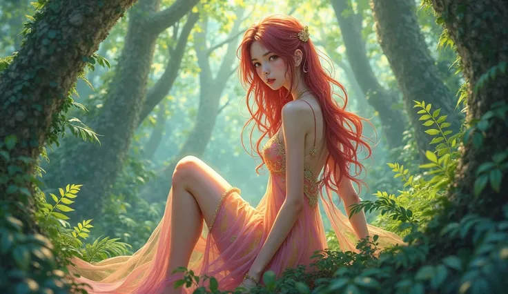 anime genre, sexy adult girl, cute girl, long colored dress, long hairs, transparent parts of wear, seat in forest