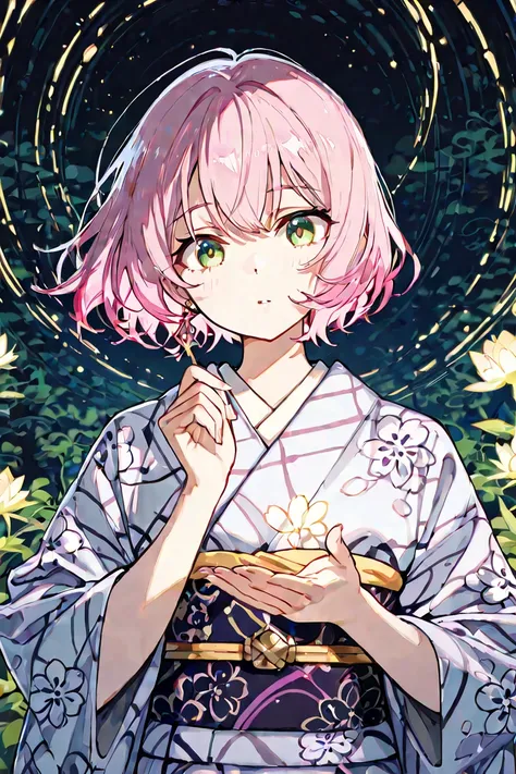  pink hair 、green eyes、Deformed character wearing a kimono