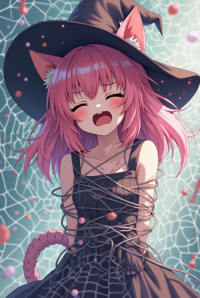 Anime styled Pink haired Cat girl with witch hat gets her arms and torso tangled in spider webs with eyes closed and mouth open feeling pain