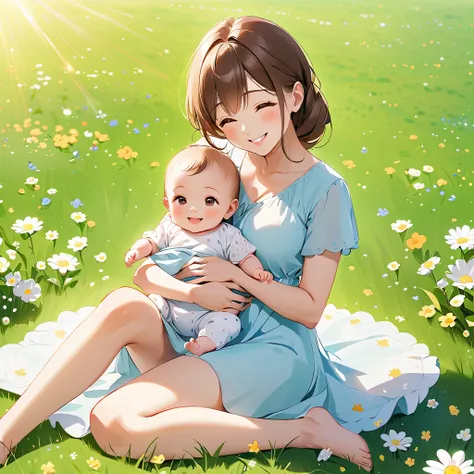 cute baby and mom、Mom is beautiful、full body、Both smiling、 holding a baby、basking in the sun on a lawn with beautiful flowers、Highest quality、HD、4K