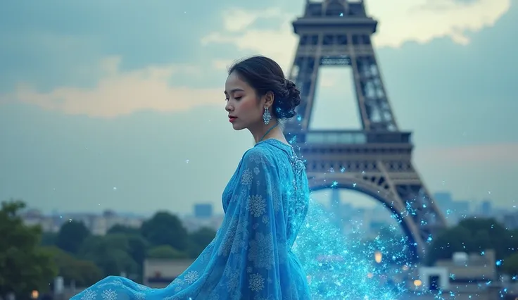 an indonesian girl wearing blue kebaya and batik sarong is standing in front of eiffel tower, her body is glowing with blue aura