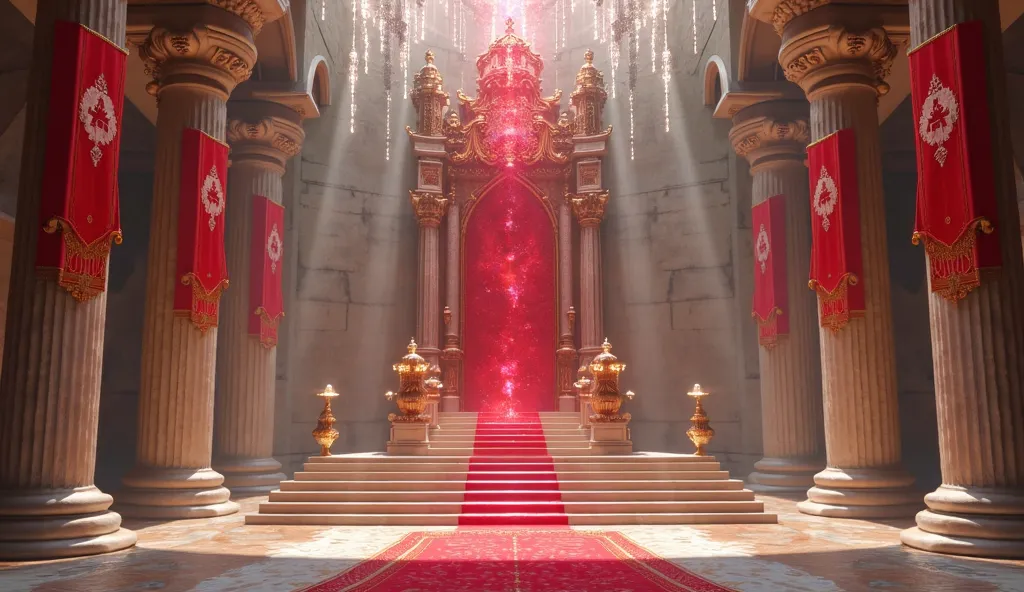 The throne room, the walls are made of light stone, access to the terrace, scarlet standards hang from the walls, a huge Ruby throne stands against the far wall, the throne is made of ruby completely, high with steps, light crystals hang above the floor.