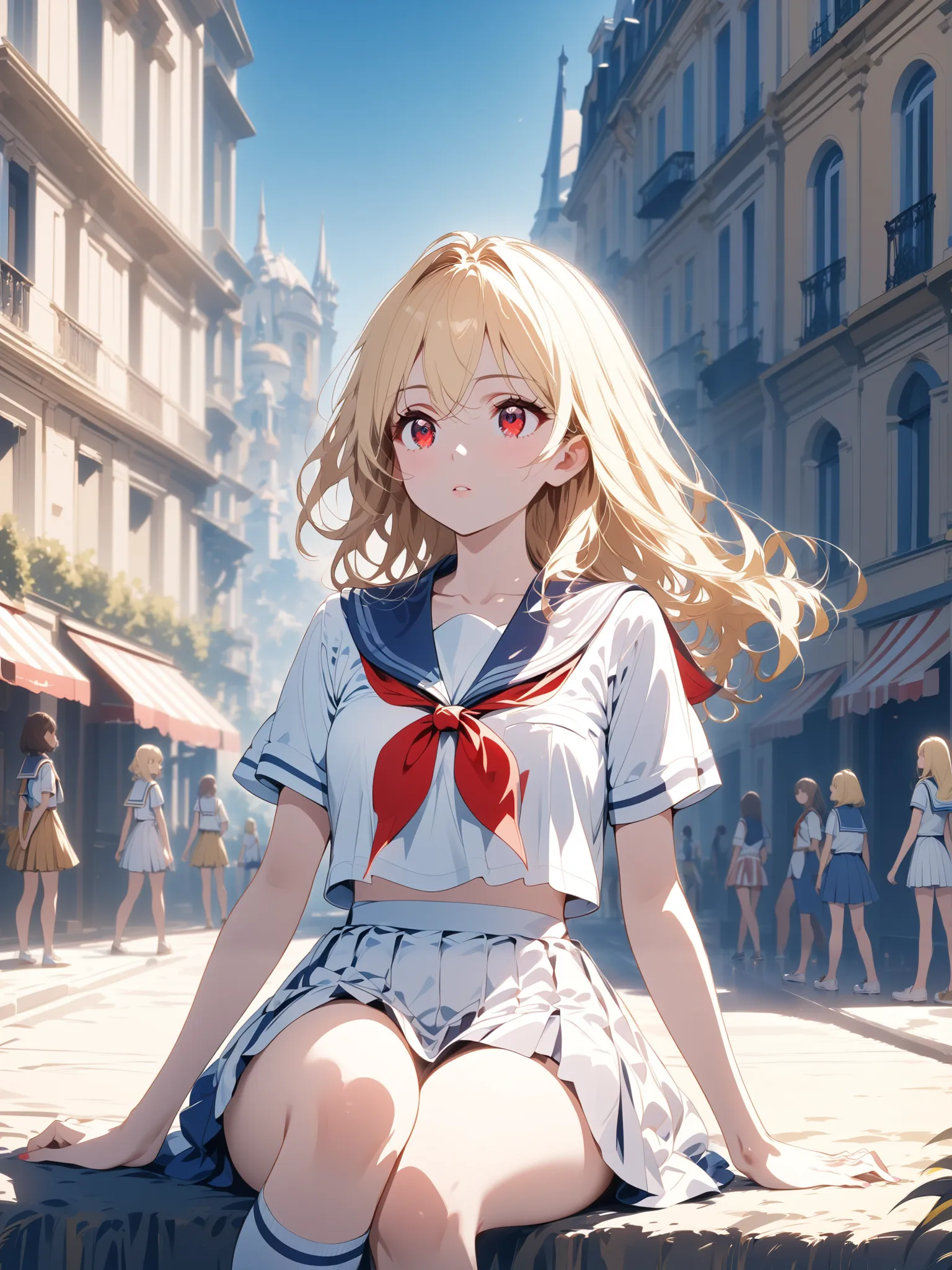 Sailor suit summer uniform, blonde medium hair,  girl with red eyes, Alone, French cityscape in the background,  alert ,  knee shot, corruption,  Shade, miniskirt, 