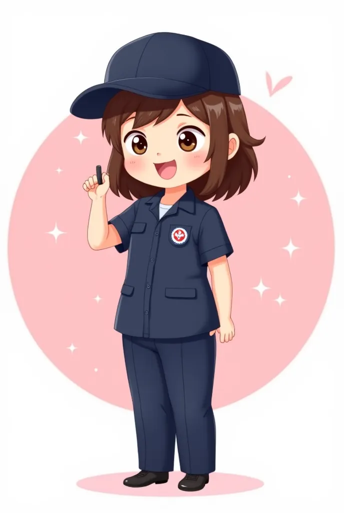 A cute cartoon style illustration of a brown-haired girl, wearing a dark blue short-sleeved uniform, dark blue slacks and a dark blue cap as her highlights. She has a cheerful expression, big round eyes, and a wide smile. She holds a black smartphone in on...