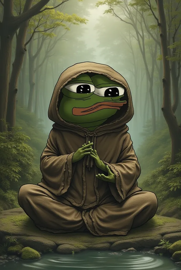 Apu Apustaja the antropomorphic frog as a hermit wearing hooded robe
