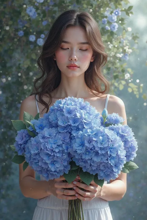 Create an image of a woman holding a bouquet of hydrangeas