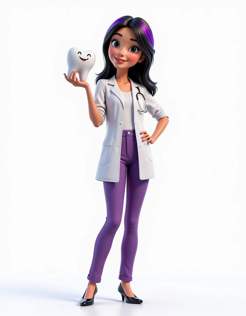 Realistic character "full body" The theme of the computer-rendered animation film, "Beautiful girl with big head named LISA is a dentist" She poses in a professional pose, smiling cutely, holding a cute smiling tooth, thin black hair with purple highlights...