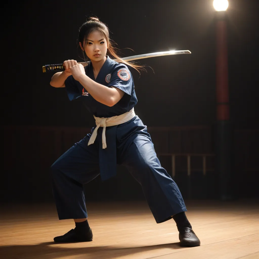 A photorealistic image of a young warrior with Asian facial features, dressed in traditional Japanese clothing. He stands in a battle-ready stance, holding a katana in one hand while clenching the other into a fist. His expression is serious and focused. H...