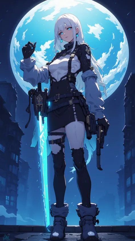 An excellent work，shows a single female character from the anime，has white hair and blue Eyes，Described as a Masterpiece，Superior Quality。 This character is full of power and mystery，Looks like Bayreese Asner（Byleth Eisner）meets the undead knight in a char...