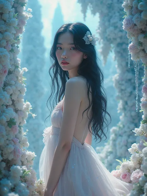 A 25 years old Caucasian woman who has long black hair, with the crystals ornaments on her hair, has blue eyes and pale white skin. She is wearing a short pastel dress, She is standing in a crystals forest as a background. Make the wide point of view. Crea...