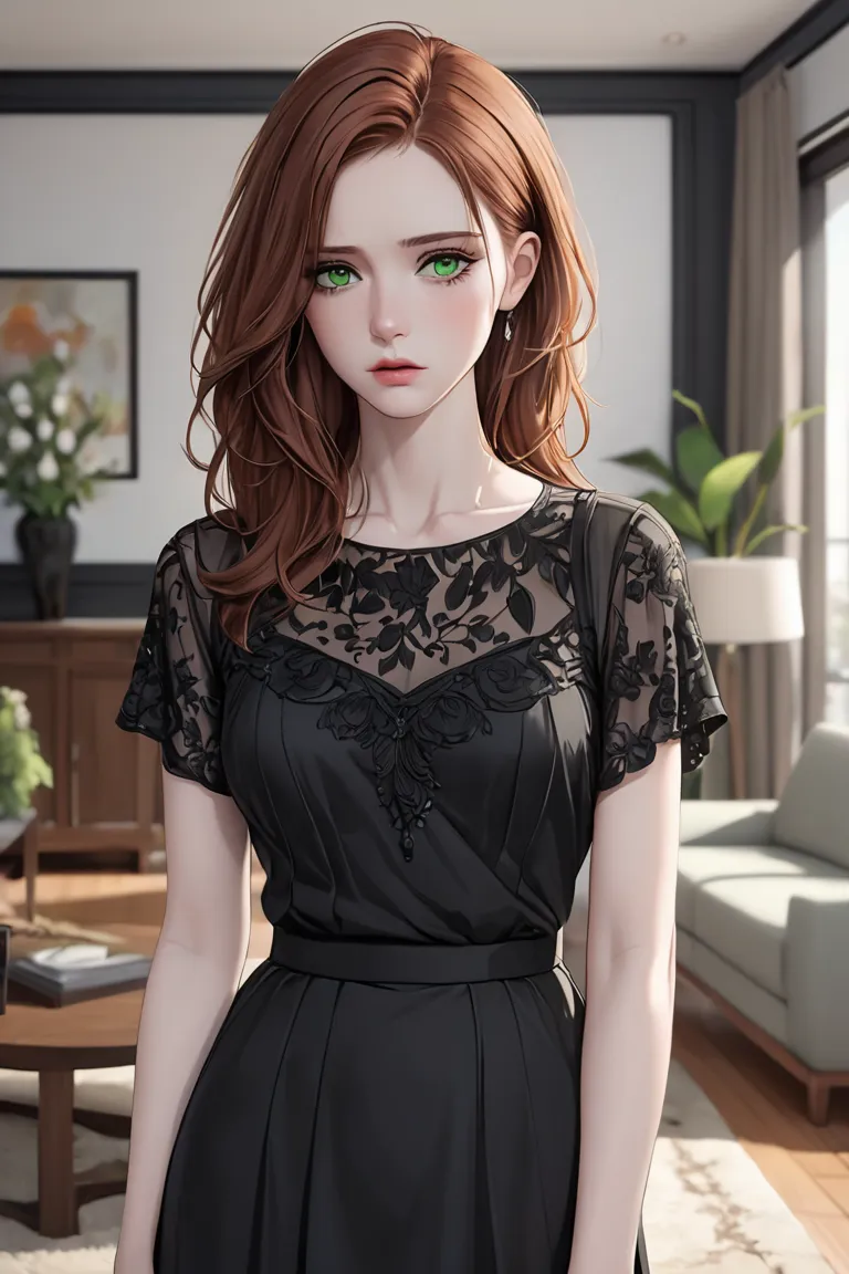 (masterpiece, best quality, 8k, high definition), whole body, woman, neck-length auburn hair, mid-chest, soft green eyes, soft lips, pale skin, beautiful face, wearing black blouse, black skirt, natural light, detailed background, Detailed Illustration Art...