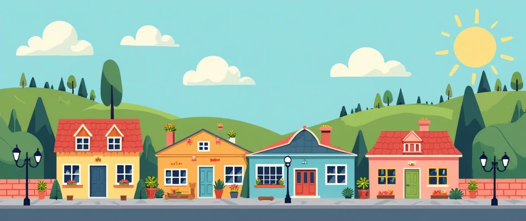 colorful flat vector style, landscape with street house