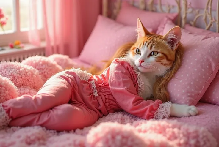 A cat in red night suit wakeup in morning from bed in a pink theme room, cat's body figure should be like barbie dolls, her head hairs should be long as human girls, anthropomorphic, realistic, HD 