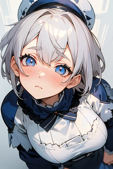     short white hair 、Thorough、 ((   Beautiful anime eyes looking up from the front )).        lace dress、 ((       gray eyes:1.25)).Headbang 2.、             navy blue uniform             、    face up   、(Cute upward glance).((blush)).