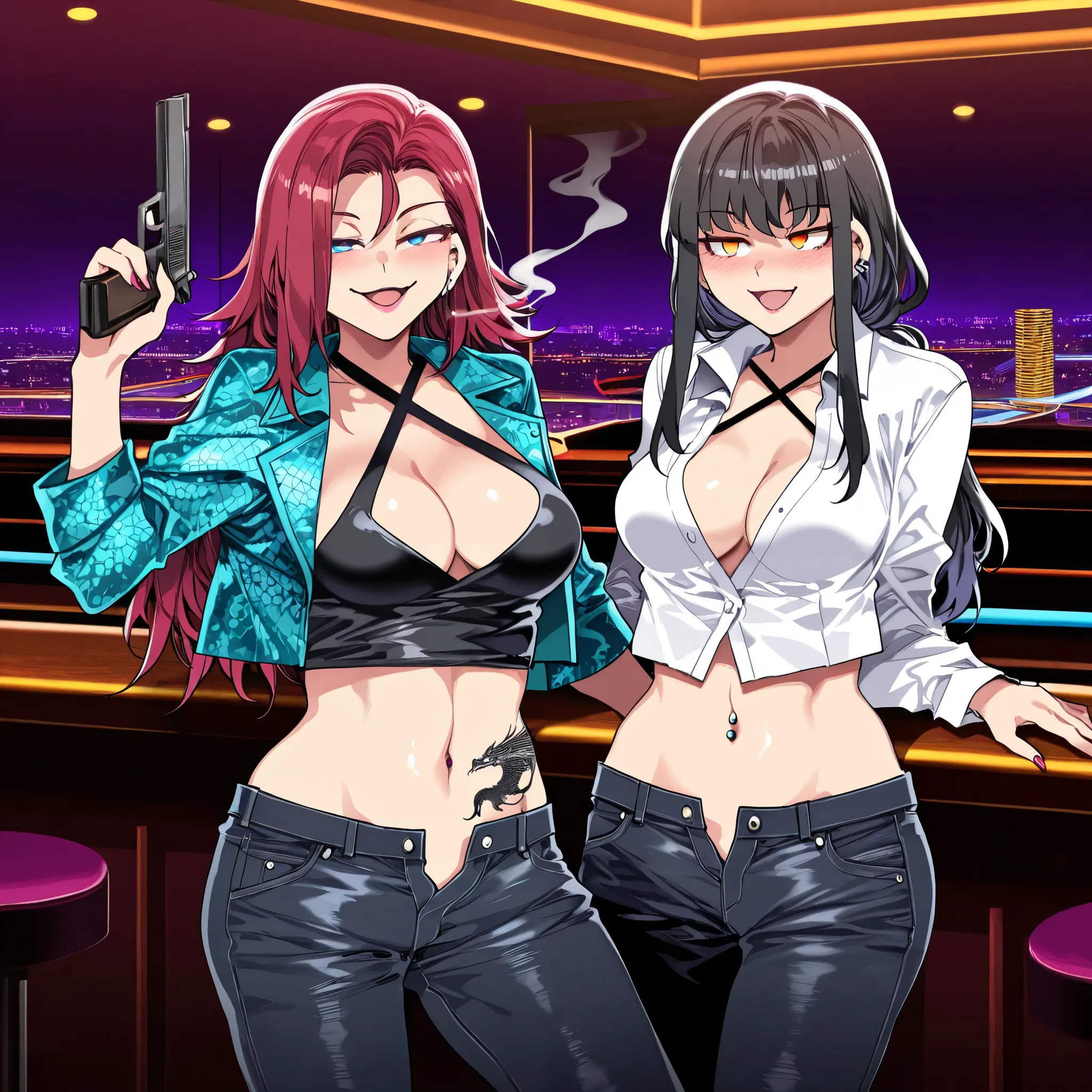 masterpiece, best quality,amazing quality, highest score, absurdres, 
2girls, two girls, mizuryu_gts, medium breasts, long hair , ear piercing, long hair, blush, lipstick,Hot girl, baddie, smoking, sensual, attractive ,,bar
background, inside bar,indoors, ...