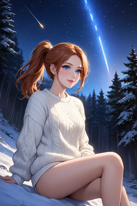 (masterpiece, best quality, 8k, high definition), whole body, 1 woman, white skin, light auburn hair in a ponytail, mid-chest, blue eyes, soft lips, beautiful face, natural light, detailed background, detailed illustration art, wearing thick white sweater,...