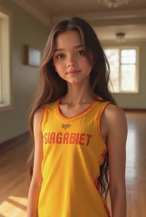 beautiful cute girl, wearing volley ball tank top color yellow and orange word SIAGABET, long straight hair, indoors, soft lighting, hall in background, relaxed pose, realistic, intricate details, warm colors