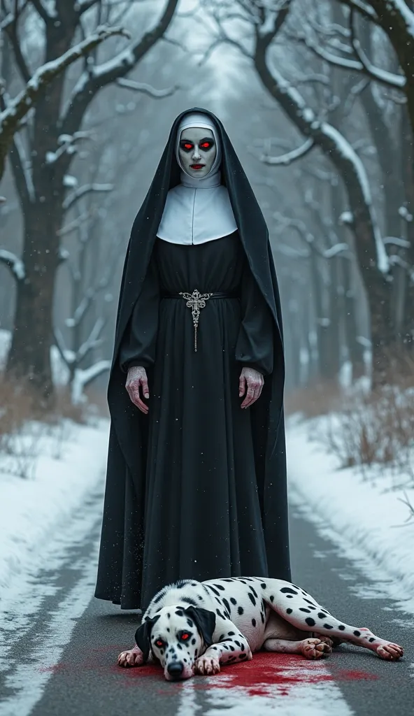 "A dark, haunted winter forest with twisted, leafless trees covered in snow. A sinister demonic nun stands in the middle of a deserted, icy road, her glowing red eyes piercing through the cold mist. She wears a traditional black nun’s habit with white acce...