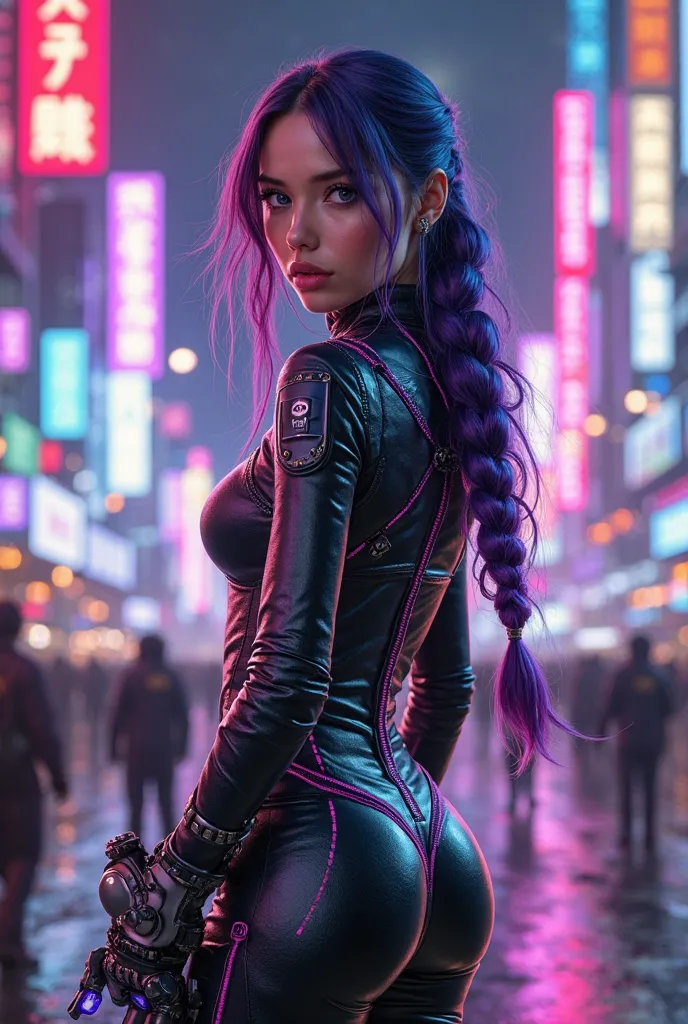 A highly detailed, cyberpunk-inspired hyper realistic photography of a  woman standing confidently in a futuristic neon-lit cityscape at night. She has long, flowing hair with shades of deep purple, electric blue, and magenta, accentuated by intricate brai...