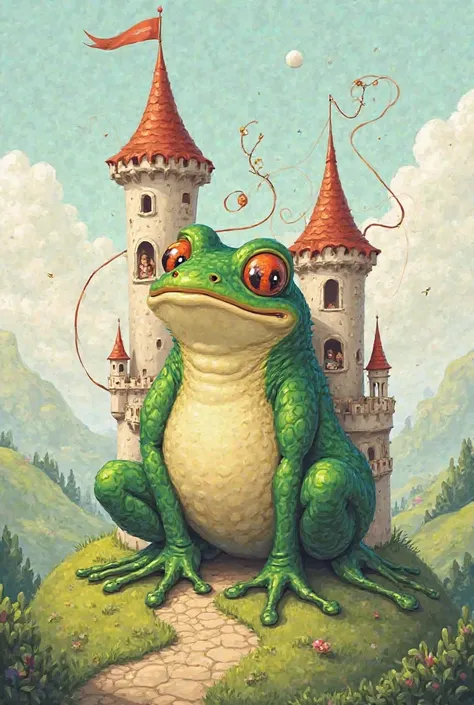 I want to create a frog that is also a castle with towers, and there's a ribbon somewhere in there. Everything is in illustration style