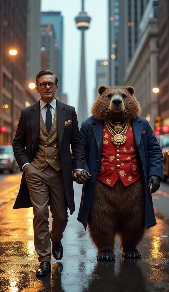 An urban cinematic scene during dusk, featuring an elegant and confident man walking alongside a large humanized bear. The man wears a sophisticated brown suit with gold details, an elegant tie and dark glasses. His hair is well combed back, and he display...