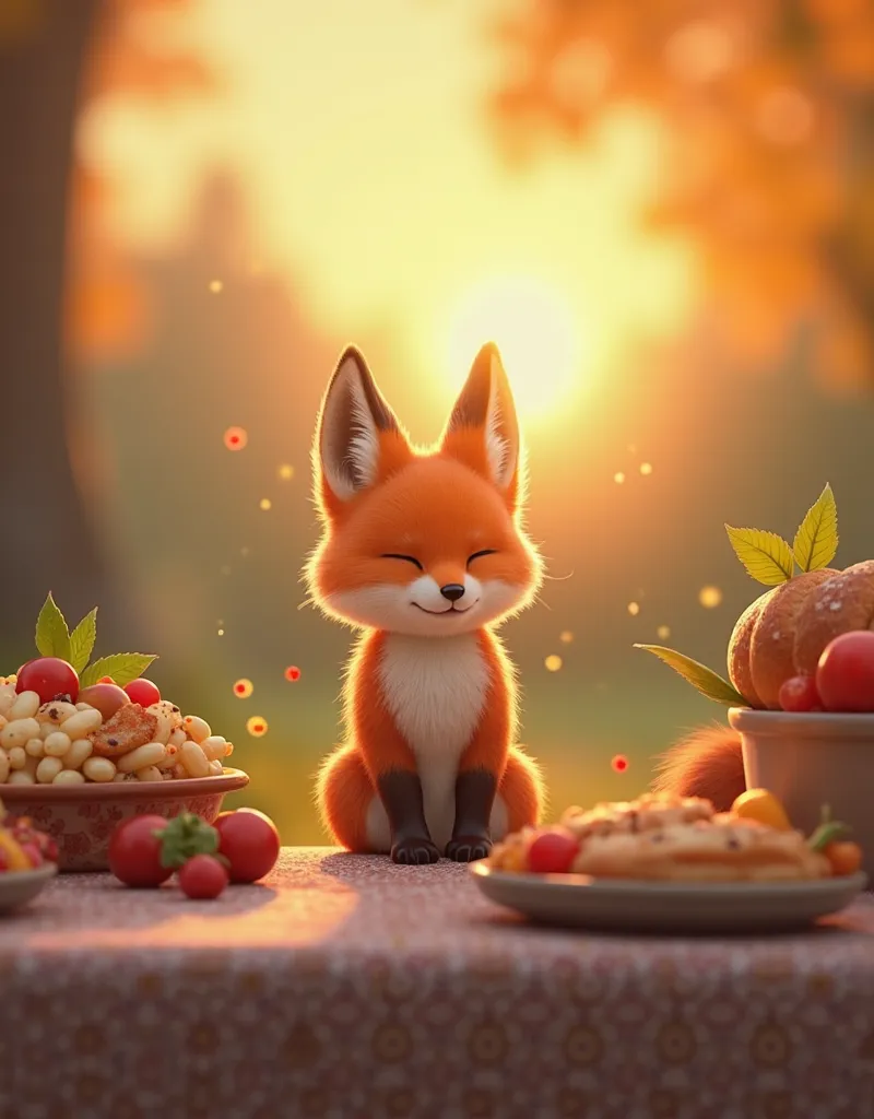 "A small, fluffy fox sitting at a picnic table filled with delicious food, eyes closed in gratitude as it prays before breaking its fast. The golden sunset paints the sky with warm colors, creating a cozy and inviting scene."