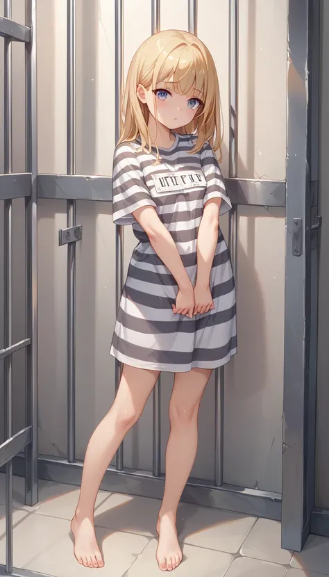    1 girl at home ,  masterpiece,  high quality , indoor,  Young girl ,  镣铐   prison ,  prison _clothing,  indoor,inhibition，barefoot， with a shy expression 