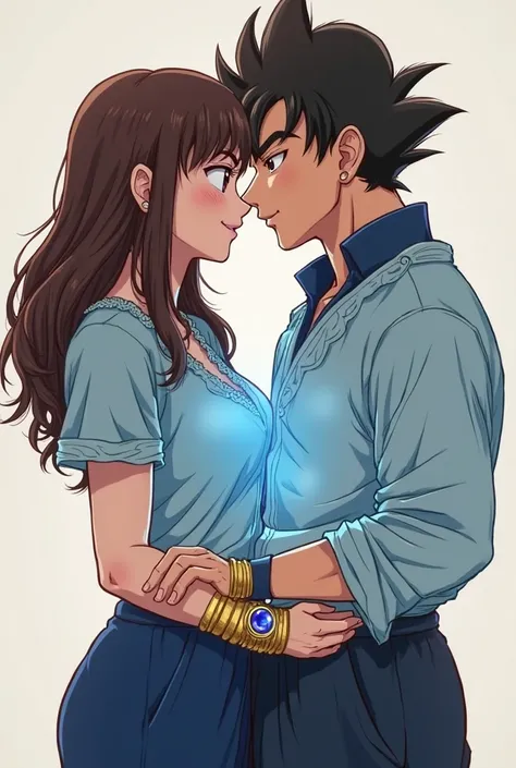 Generates an image of Goku kissing a brunette girl, his girlfriend, In a light blue blouse with a blue collar border, a navy blue shorts and gold bracelets with a blue glow in the center, the girl is a brown gentleman and brown eyes, With Dragon Ball style...