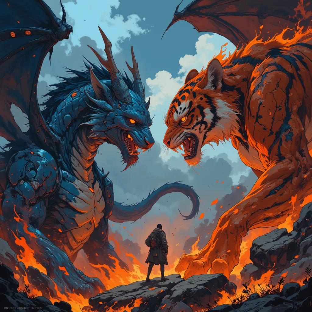 a blue dragon engaged in a fierce battle with a fiery tiger, hyper-detailed, They are facing each other on both sides，8K, realistic, cinematic lighting, dramatic composition, intricate scales, fiery breath, bared fangs, muscular physique, powerful wings, g...