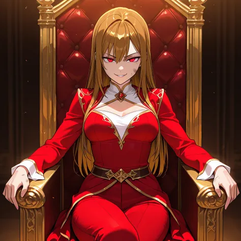 High resolution, high quality, HD, beautiful female, 1 female, beautiful, ager, haughty, arrogant, mischievous, smirking, medium breasts, long straight hair, dirty golden hair, golden brown hair, red colored eyes, red dress with pants, sitting on a throne