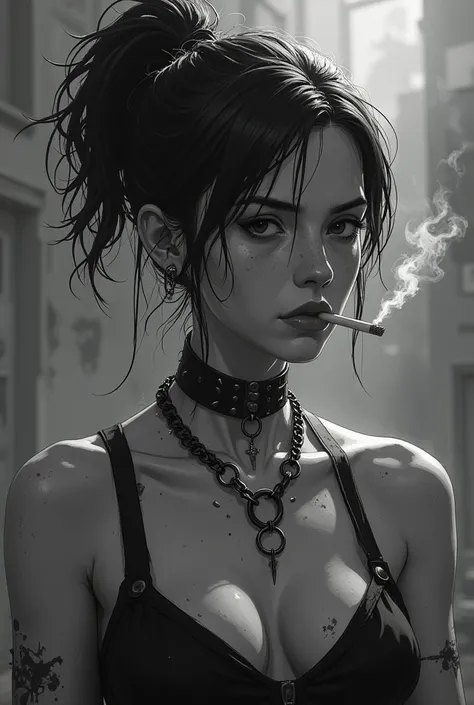 A monochrome digital painting of a rebellious young woman with dark, messy hair tied into a high ponytail, with strands falling loosely around her face. She has an intense and brooding expression, with piercing eyes that seem lost in thought. A lit cigaret...