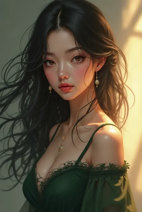 A highly detailed, semi-realistic digital painting of a mesmerizing young woman with flowing, midnight-dark hair cascading in soft waves. Her deep, expressive eyes shift in color like a chameleon—sometimes an intense black, other times a warm, inviting bro...