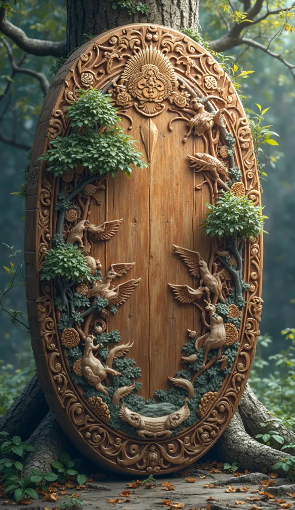 guardian's aegis, a large, ornately carved wooden shield crafted from a sacred tree, carvings, depicting nature scenes, in anime art style, absurdres