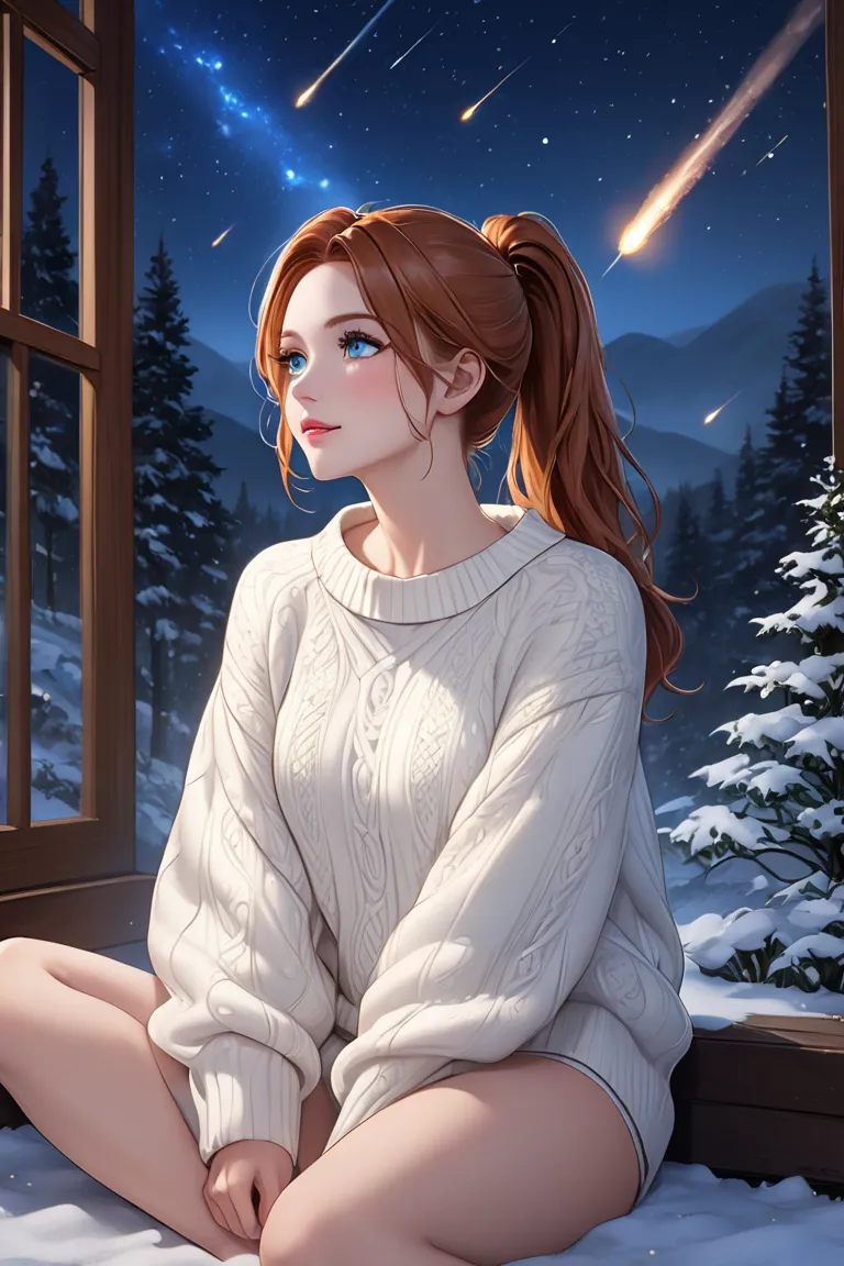 (masterpiece, best quality, 8k, high definition), whole body, 1 woman, white skin, light auburn hair in a ponytail, mid-chest, blue eyes, soft lips, beautiful face, natural light, detailed background, detailed illustration art, wearing thick white sweater,...