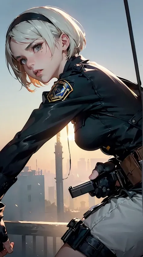 1girl,

(head tilt:1.2), serious, parted lips, holding, holding gun, gun, handgun, weapon,

atmospheric perspective, action setting, action scene, impact effects, motion blur, dramatic lighting, immersive composition, blurry background, close-up, 

(master...