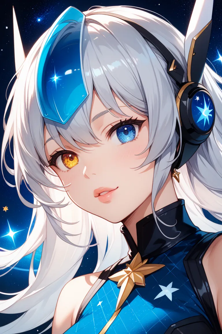  close-up of a better masterpiece：1.5)0.9]、(Space and astronauts：1.2) (Disheveled silver hair：1.1) ( Heterochromia and Yellow and Blue Eyes：1.2) ( space helmet：1.0) (Colored stars in the eyes：1.0) (Shining Light：1.1) (Thick lips：0.9)