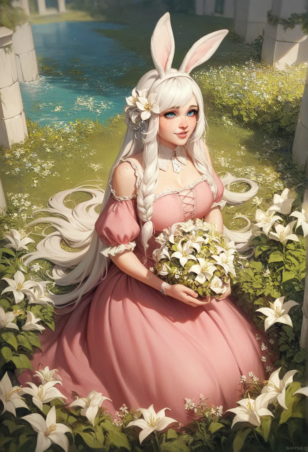 16k, massive Details, (())), one Girl with fair white skin , white hair , really long hair , crystal blue eyes , freckles over the nose , pink cute princess dress , white bunny ears on head , white lily's in hair , flower field various flowers , medieval t...