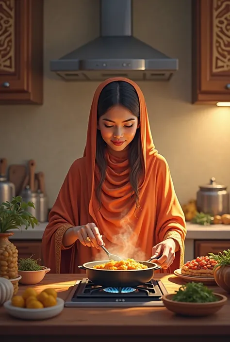 Need to create an image for Ramadan ad
A bangaldeshi beautiful  women  with religious dress  enjoy cooking  by gas stove at kitchen

Please make image & share