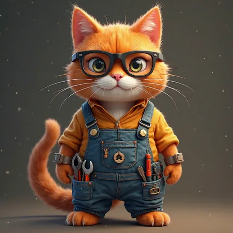 Cyber cat — reddish cyber cat wearing overalls with straps, that looks strict and focused. He has various tools hanging on his belt and pockets, like, wrenches , wires and other technical accessories. his look is serious , facial expression — concentrated,...