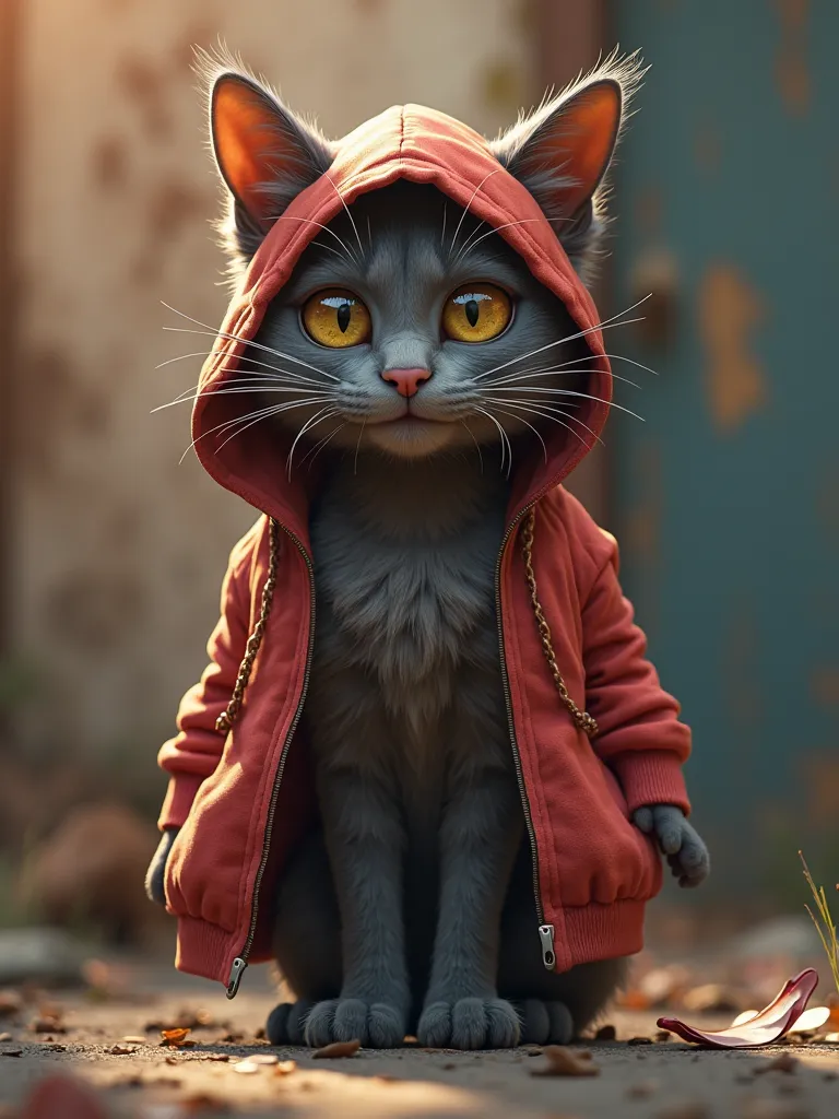 
Create realistic stray cat image, bottomless, that you are standing,  rapper style , eyes looking straight ahead, bad style,  challenging attitude, unicolor, gordo, Adult cat,   animated, 4k, HD, Strong colors