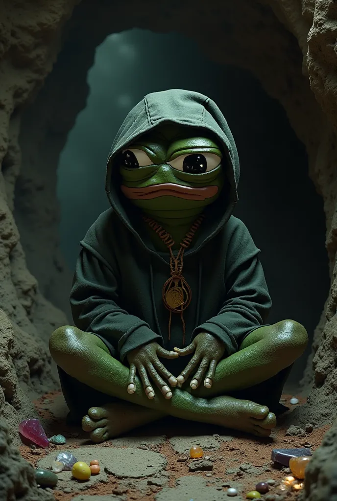 Apu Apustaja the antropomorphic frog as a hermit wearing hooded robe in cave
